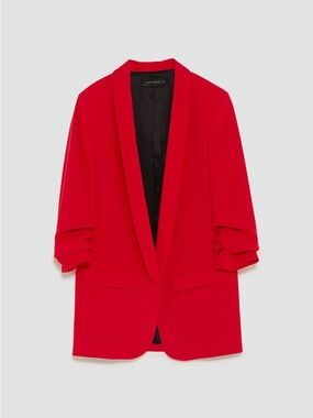 Zara Bright Red Draped Sleeve Blazer Jacket